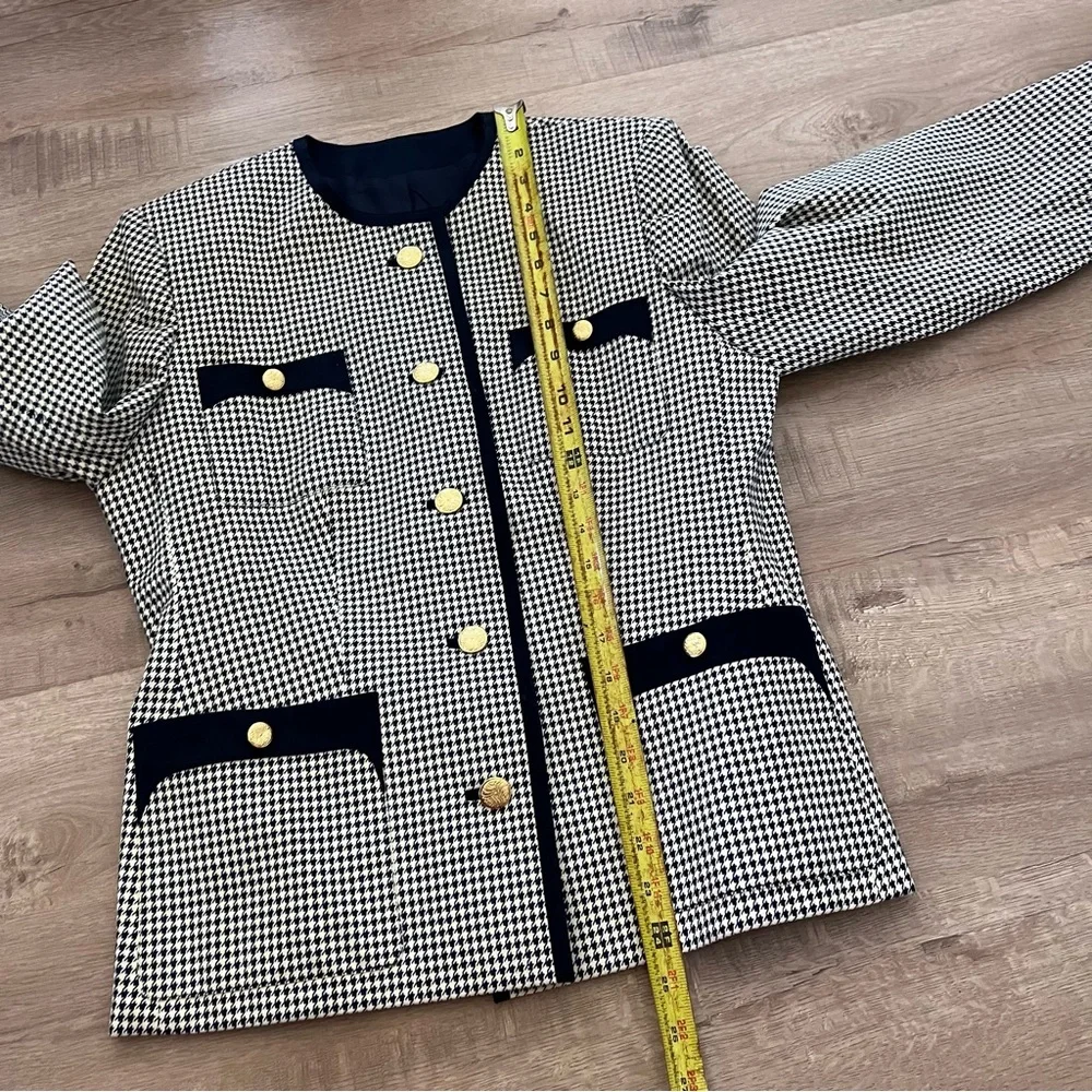 Collarless Leather‎ Feel Jacket Blazer Full Lined Navy White Lattice